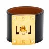 Hermes Kelly Dog Black Leather Gold Plated Wide Bracelet S For Women