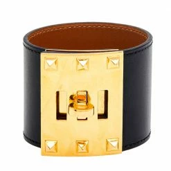 Hermes Kelly Dog Black Leather Gold Plated Wide Bracelet S For Women