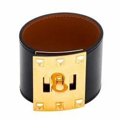 Hermes Kelly Dog Black Leather Gold Plated Wide Bracelet S For Women -Deals Hermes Store luxury women hermes used accessories p589603 003