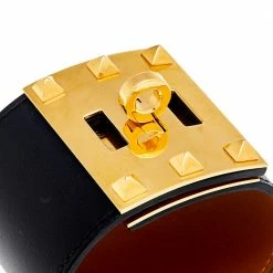 Hermes Kelly Dog Black Leather Gold Plated Wide Bracelet S For Women -Deals Hermes Store luxury women hermes used accessories p589603 007