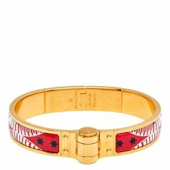Hermes Red Eperon D'or Bandana Rouge Enamel Gold Plated Hinged Bracelet For Women