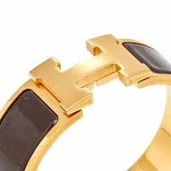 Hermes Hermès Clic Clac H Brown Enamel Gold Plated Wide Bracelet For Women -Deals Hermes Store luxury women hermes used accessories p589612 002