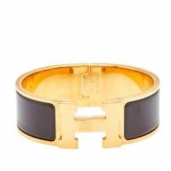 Hermes Hermès Clic Clac H Brown Enamel Gold Plated Wide Bracelet For Women