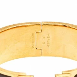 Hermes Hermès Clic Clac H Brown Enamel Gold Plated Wide Bracelet For Women -Deals Hermes Store luxury women hermes used accessories p589612 005