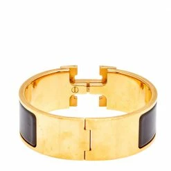 Hermes Hermès Clic Clac H Brown Enamel Gold Plated Wide Bracelet For Women -Deals Hermes Store luxury women hermes used accessories p589612 006
