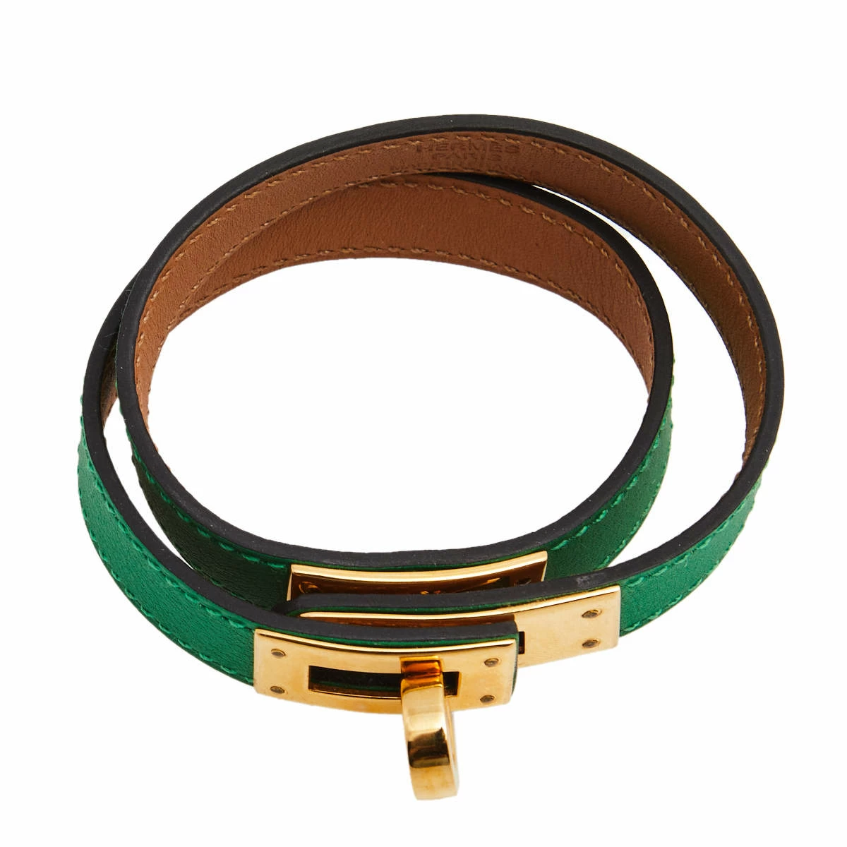 Hermes Green Leather Gold Plated Kelly Double Tour Bracelet For Women 7 Hermes Green Leather Gold Plated Kelly Double Tour Bracelet For Women - Image 5