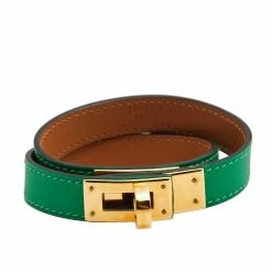 Hermes Green Leather Gold Plated Kelly Double Tour Bracelet For Women