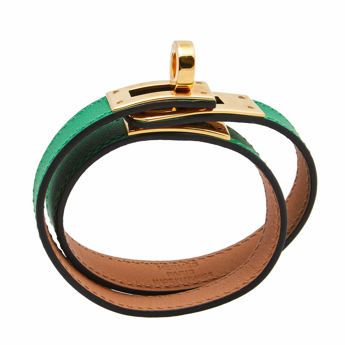 Hermes Green Leather Gold Plated Kelly Double Tour Bracelet For Women 6 Hermes Green Leather Gold Plated Kelly Double Tour Bracelet For Women - Image 4