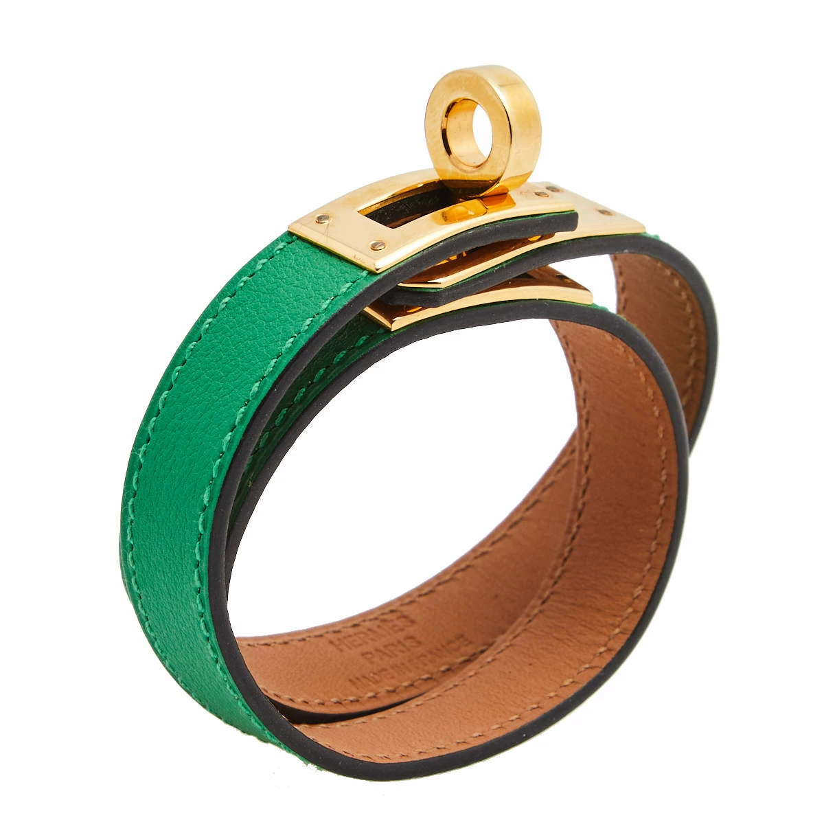 Hermes Green Leather Gold Plated Kelly Double Tour Bracelet For Women 4 Hermes Green Leather Gold Plated Kelly Double Tour Bracelet For Women - Image 2