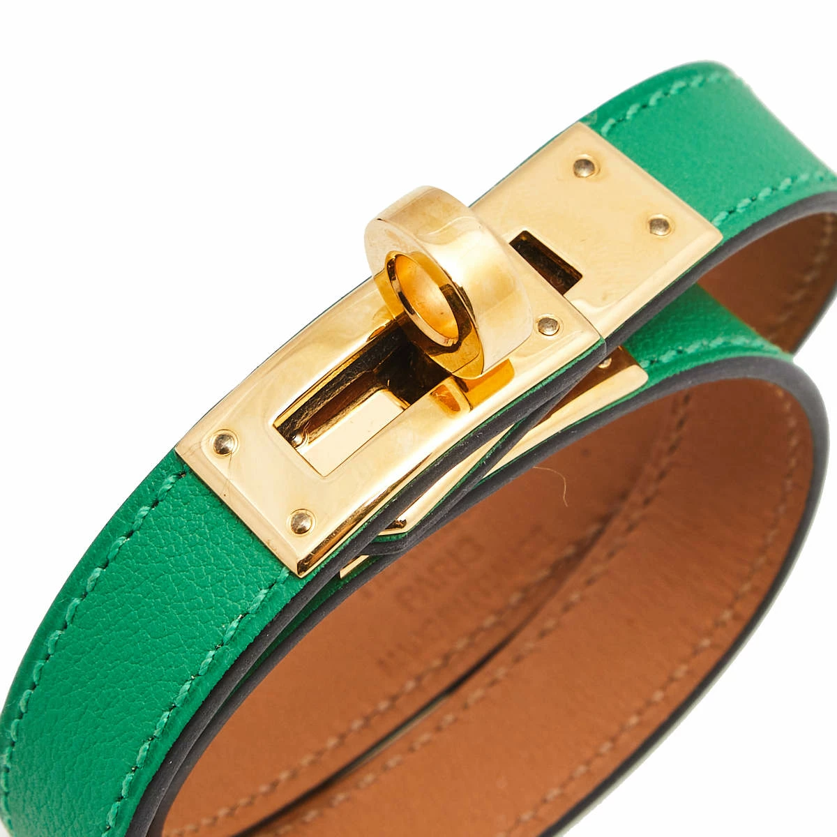 Hermes Green Leather Gold Plated Kelly Double Tour Bracelet For Women 5 Hermes Green Leather Gold Plated Kelly Double Tour Bracelet For Women - Image 3
