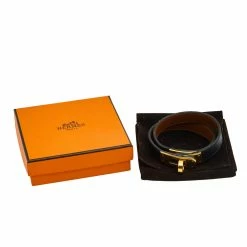 Hermes Hermès Black Leather Gold Plated Kelly Double Tour Bracelet S For Women -Deals Hermes Store luxury women hermes used accessories p593824 001