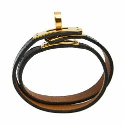 Hermes Hermès Black Leather Gold Plated Kelly Double Tour Bracelet S For Women -Deals Hermes Store luxury women hermes used accessories p593824 003