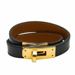 Hermes Hermès Black Leather Gold Plated Kelly Double Tour Bracelet S For Women