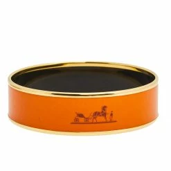Hermes Hermès Caleche Orange Enamel Gold Plated Bangle Bracelet For Women