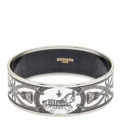 Hermes Hermès White Grand Apparat Enamel Palladium Plated Wide Bangle Bracelet M For Women -Deals Hermes Store luxury women hermes used accessories p595783 001