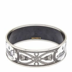 Hermes Hermès White Grand Apparat Enamel Palladium Plated Wide Bangle Bracelet M For Women