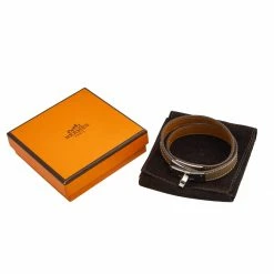 Hermes Hermès Taupe Leather Palladium Plated Kelly Double Tour Bracelet M For Women -Deals Hermes Store luxury women hermes used accessories p595842 001