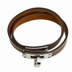 Hermes Hermès Taupe Leather Palladium Plated Kelly Double Tour Bracelet M For Women -Deals Hermes Store luxury women hermes used accessories p595842 002