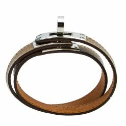 Hermes Hermès Taupe Leather Palladium Plated Kelly Double Tour Bracelet M For Women -Deals Hermes Store luxury women hermes used accessories p595842 005