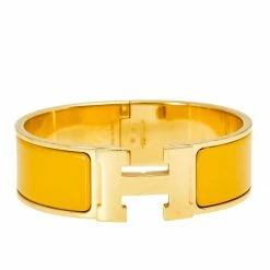 Hermes Hermès Clic Clac H Yellow Enamel Gold Plated Wide Bracelet For Women