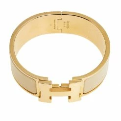 Hermes Hermès Clic Clac H Cream Enamel Rose Gold Plated Wide Bracelet For Women -Deals Hermes Store luxury women hermes used accessories p598860 002