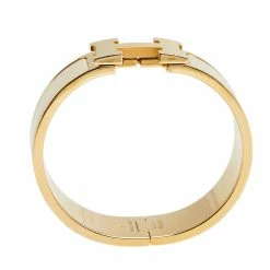 Hermes Hermès Clic Clac H Cream Enamel Rose Gold Plated Wide Bracelet For Women -Deals Hermes Store luxury women hermes used accessories p598860 005