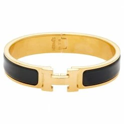 Hermes Clic H Black Enamel Gold Tone Metal Bracelet PM For Women