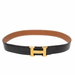 Hermes Black/Brown Box Calf And Togo Leather Guillochee Finish H Buckle Reversible Belt Size 90 For Women