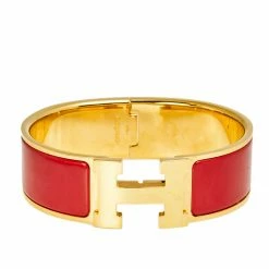 Hermes Clic Clac H Enamel Gold Plated Wide Bracelet PM For Women