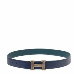 Hermes Bleu Encre/Colvert Epsom And Swift Leather Guillochee Finish H Reversible Buckle Belt 85CM For Women