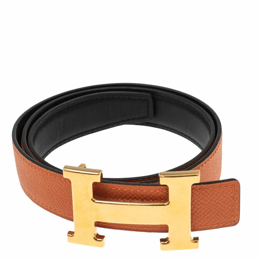 Hermes Black/Orange Epsom And Swift Leather Mini H Buckle Reversible Belt 70CM For Women 4 Hermes Black/Orange Epsom And Swift Leather Mini H Buckle Reversible Belt 70CM For Women - Image 2
