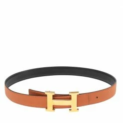 Hermes Black/Orange Epsom And Swift Leather Mini H Buckle Reversible Belt 70CM For Women