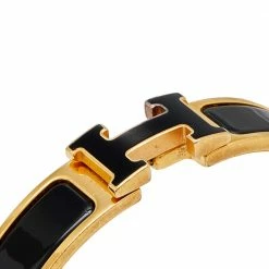 Hermes Hermès Clic H Black Enamel Gold Tone Narrow Bracelet For Women -Deals Hermes Store luxury women hermes used accessories p610306 002