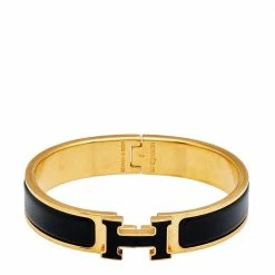 Hermes Hermès Clic H Black Enamel Gold Tone Narrow Bracelet For Women -Deals Hermes Store luxury women hermes used accessories p610306 004