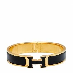 Hermes Hermès Clic H Black Enamel Gold Tone Narrow Bracelet For Women