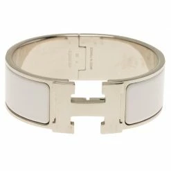 Hermes Clic Clac H Wide White Enamel Palladium Plated Bracelet For Women