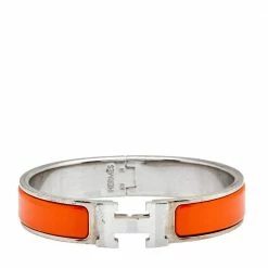 Hermes Clic H Narrow Orange Enamel Palladium Plated Bracelet PM For Women