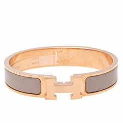 Hermes Clic H Marron Glacé Enamel Gold Tone Plated Cuff Bracelet PM For Women