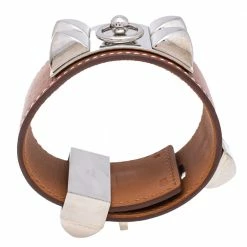 Hermes Collier De Chien Brown Leather Palladium Plated Metal Bracelet S For Women -Deals Hermes Store luxury women hermes used accessories p614168 002