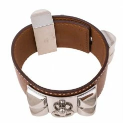 Hermes Collier De Chien Brown Leather Palladium Plated Metal Bracelet S For Women -Deals Hermes Store luxury women hermes used accessories p614168 005
