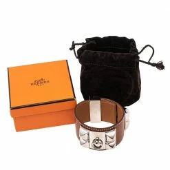 Hermes Collier De Chien Brown Leather Palladium Plated Metal Bracelet S For Women -Deals Hermes Store luxury women hermes used accessories p614168 007
