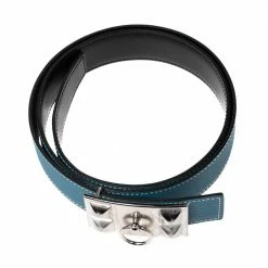 Hermes Bleu Jean/Black Chamonix And Togo Leather Collier De Chien Reversible Belt 85CM For Women -Deals Hermes Store luxury women hermes used accessories p615266 002