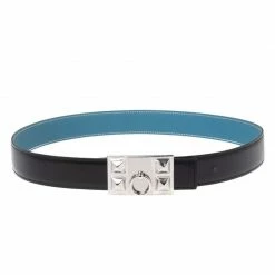 Hermes Bleu Jean/Black Chamonix And Togo Leather Collier De Chien Reversible Belt 85CM For Women