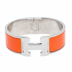 Hermes Clic Clac H Orange Enamel Palladium Plated Wide Bracelet PM For Women