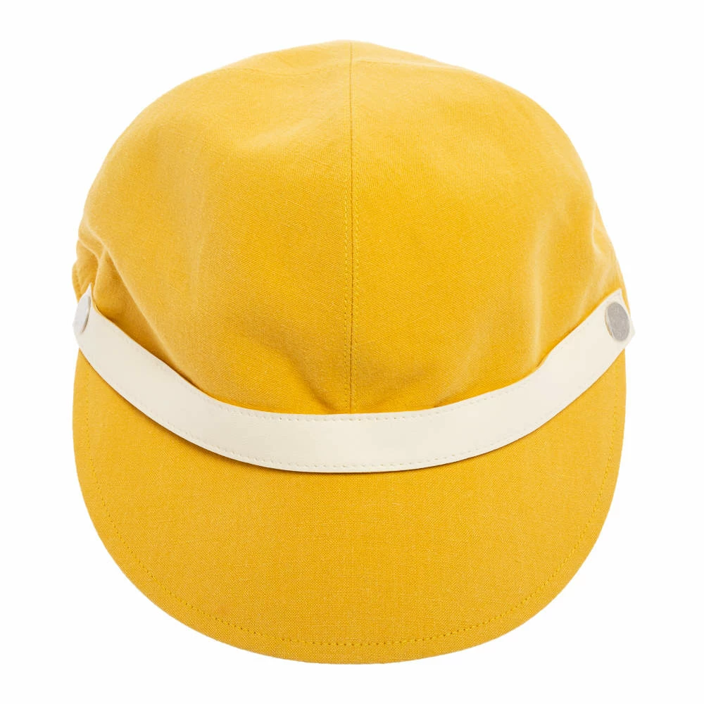 Hermes Yellow Cotton & Linen Leather Strip Detail Cap Size 56 For Women 4 Hermes Yellow Cotton & Linen Leather Strip Detail Cap Size 56 For Women - Image 2