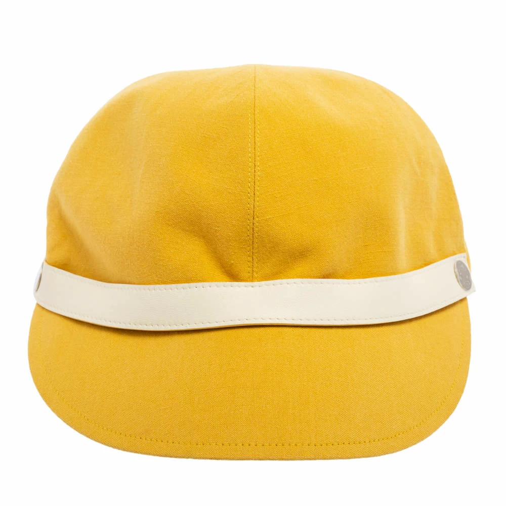 Hermes Yellow Cotton & Linen Leather Strip Detail Cap Size 56 For Women 5 Hermes Yellow Cotton & Linen Leather Strip Detail Cap Size 56 For Women - Image 3