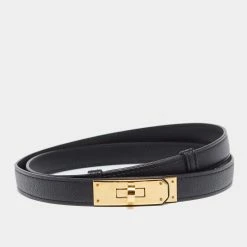 Hermes Black Swift And Epsom Leather Gold Finish Kelly 18 Adjustable Belt For Women