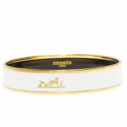 Hermes Logo White Enamel Gold Plated Bangle Bracelet Size 21cm For Women -Deals Hermes Store luxury women hermes used accessories p62401 003