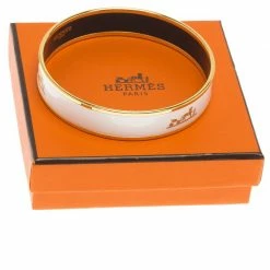 Hermes Logo White Enamel Gold Plated Bangle Bracelet Size 21cm For Women -Deals Hermes Store luxury women hermes used accessories p62401 007