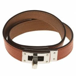 Hermes Kelly Double Tour Orange Palladium Plated Leather Bracelet For Women